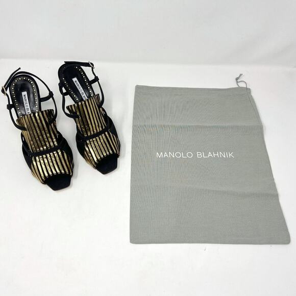 Manolo Blahnik Black & Gold Peep Toe Sandals – Size 37 - Picture 9 of 10